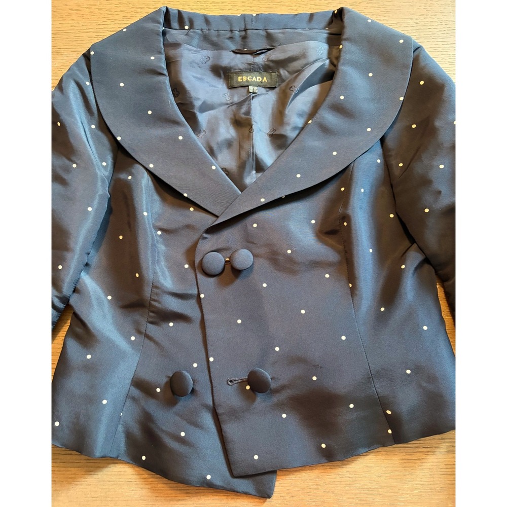 Escada Navy Blue Polka Dot Silk‎ Blend Double Breasted Shawl Collar Jacket 38 - Picture 8 of 16